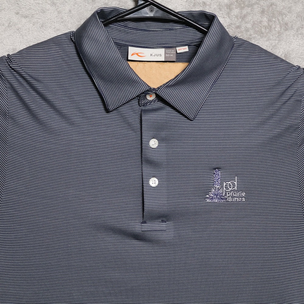 KJUS Soren Polo Shirt Mens Medium Blue Striped Prairie Dunes Golf Preppy Stretch